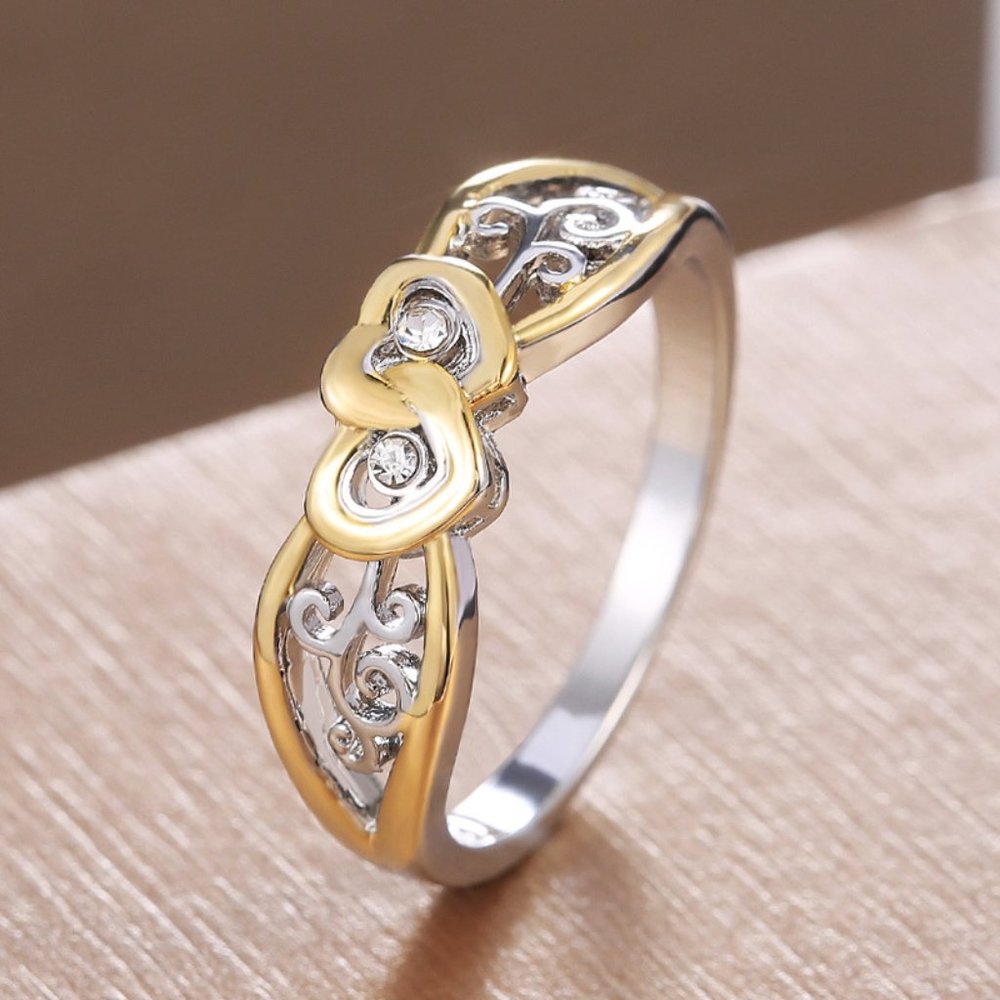 💎 Lovely Double Heart Carved Flower Two Color Plated Rings for Women,PD697
